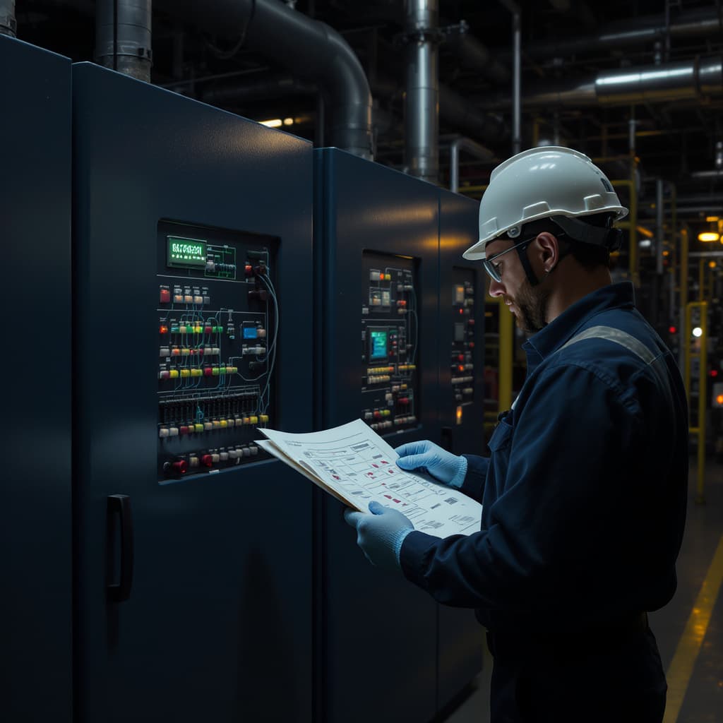 Industrial plant interior with control-room instrumentation